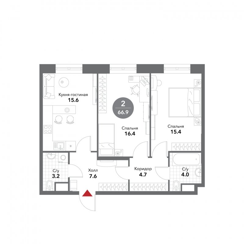 2-комнатные апартаменты без отделки, 66.9 м2, 12 этаж, сдача 3 квартал 2025 г., ЖК VOXHALL, корпус 4 - объявление 1793735 - фото №1