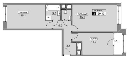 2-комнатная квартира без отделки, 59.1 м2, 8 этаж, сдача 4 квартал 2022 г., ЖК Румянцево-Парк, корпус 3 - объявление 1473387 - фото №1