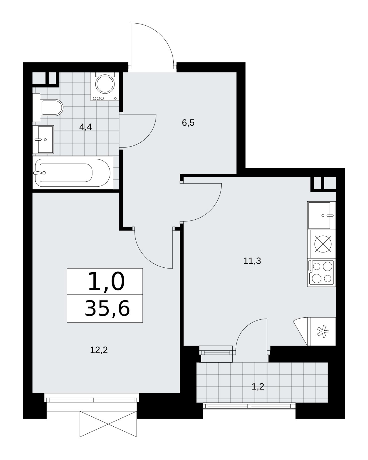 1-комнатная квартира с частичной отделкой, 35.6 м2, 3 этаж, сдача 1 квартал 2026 г., ЖК Бунинские кварталы, корпус 6.3 - объявление 2252644 - фото №1