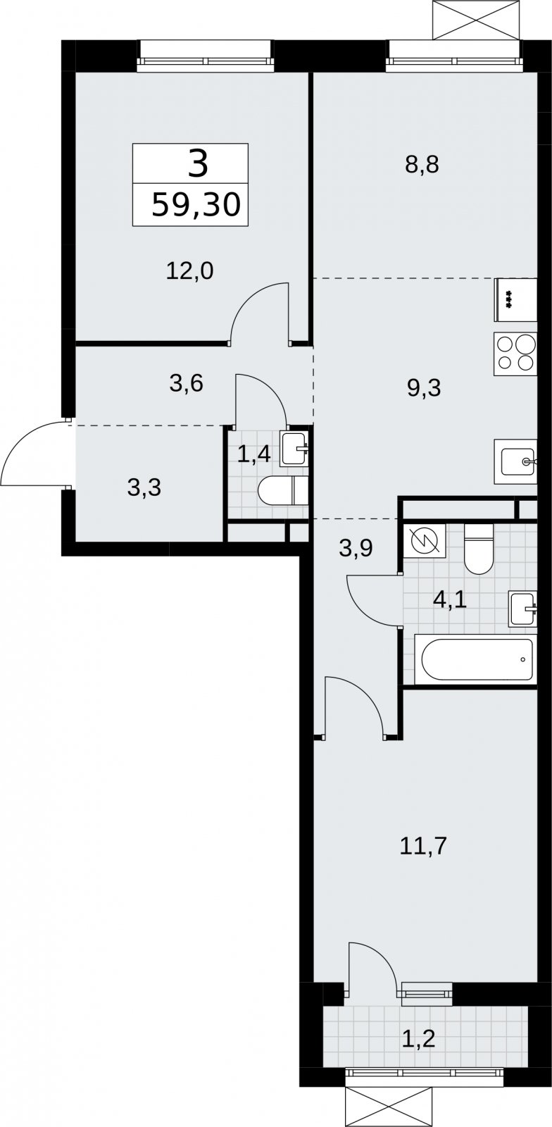 3-комнатная квартира (евро) без отделки, 59.3 м2, 3 этаж, сдача 3 квартал 2026 г., ЖК Родные кварталы, корпус 2 - объявление 2295524 - фото №1