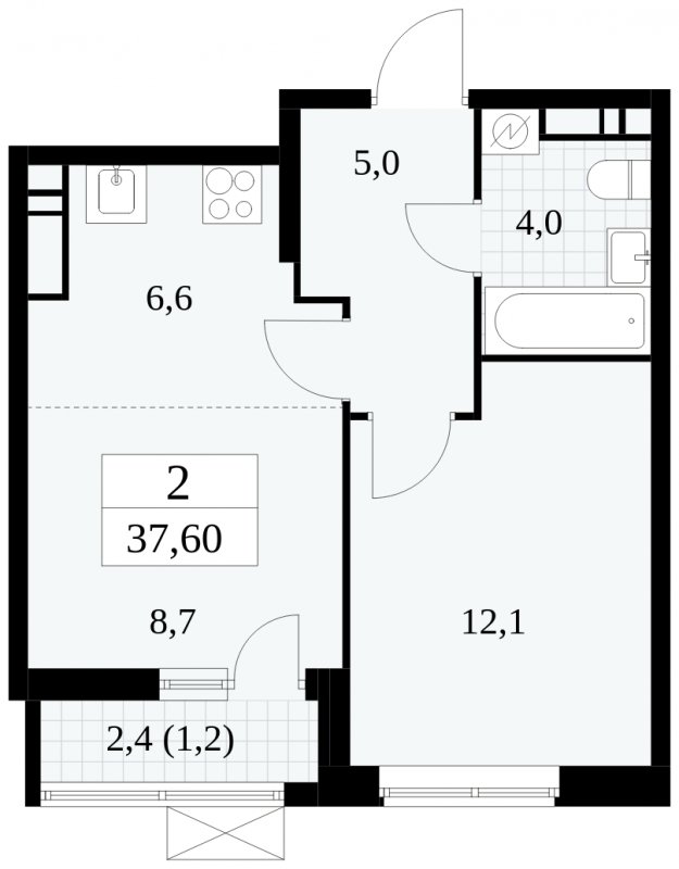 2-комнатная квартира (евро) без отделки, 37.6 м2, 15 этаж, сдача 1 квартал 2025 г., ЖК Прокшино, корпус 5.2.3 - объявление 1751365 - фото №1