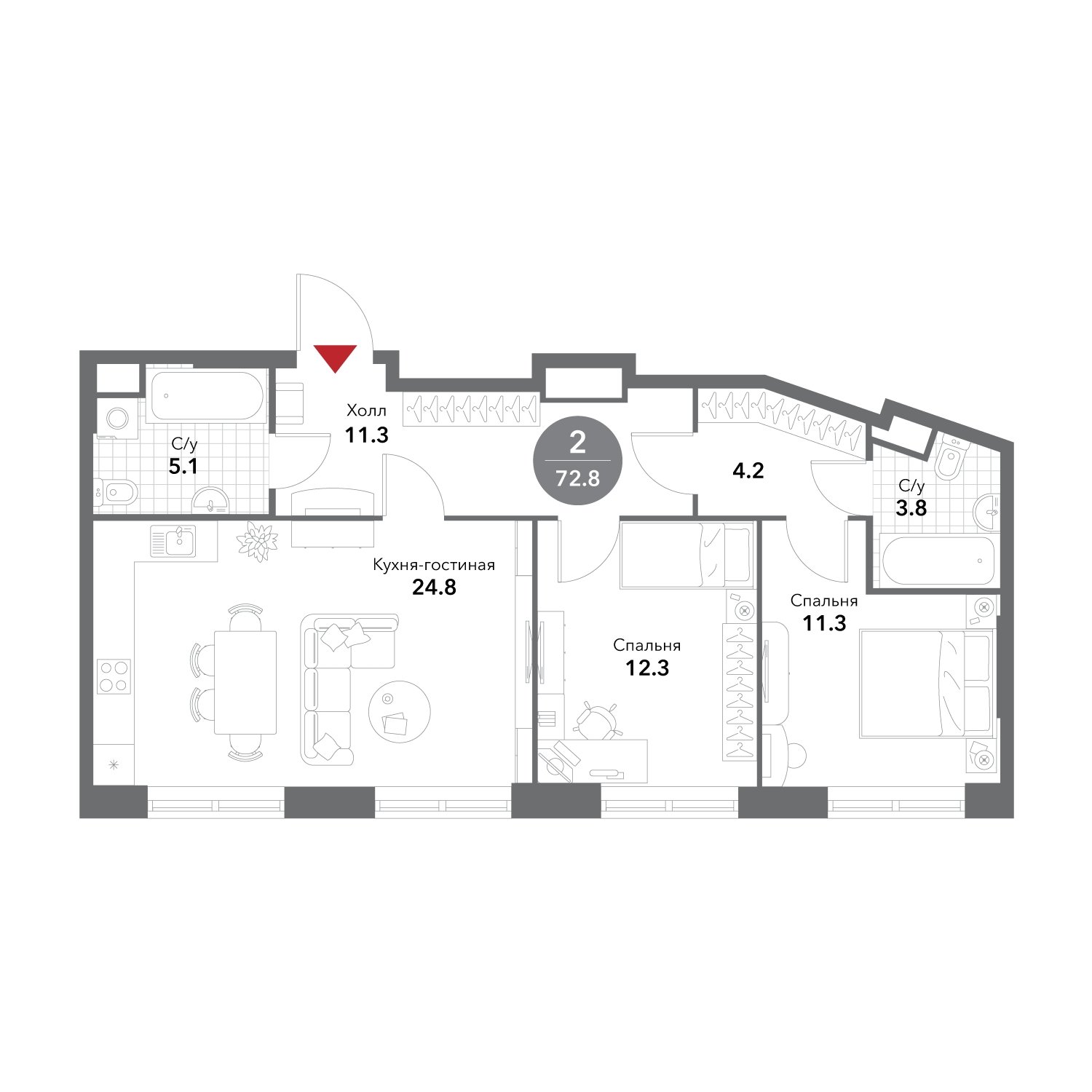2-комнатная квартира без отделки, 72.8 м2, 2 этаж, сдача 3 квартал 2025 г., ЖК VOXHALL, корпус 2 - объявление 1981850 - фото №1