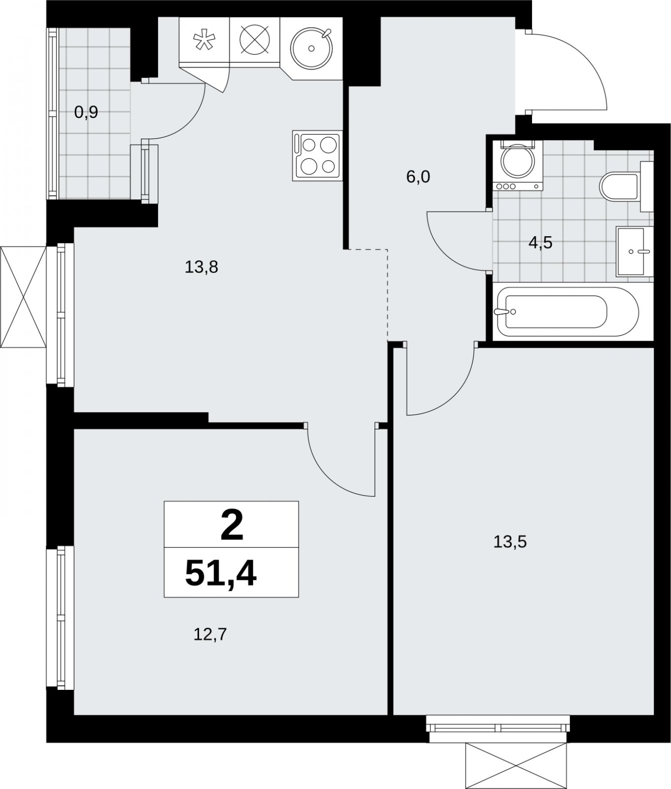 2-комнатная квартира без отделки, 51.4 м2, 3 этаж, сдача 2 квартал 2026 г., ЖК Дзен-кварталы, корпус 6.1.1 - объявление 2327139 - фото №1