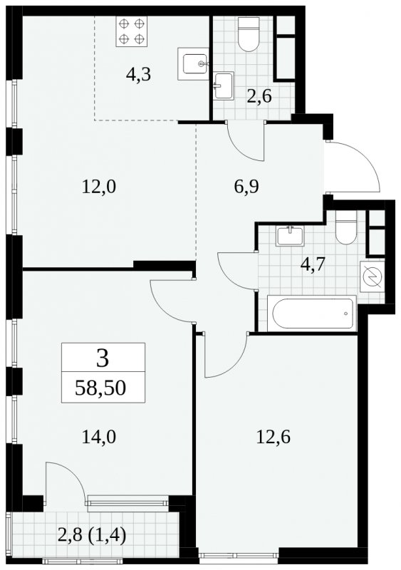 3-комнатная квартира (евро) без отделки, 58.5 м2, 11 этаж, сдача 2 квартал 2025 г., ЖК Южные сады, корпус 2.4 - объявление 1760461 - фото №1