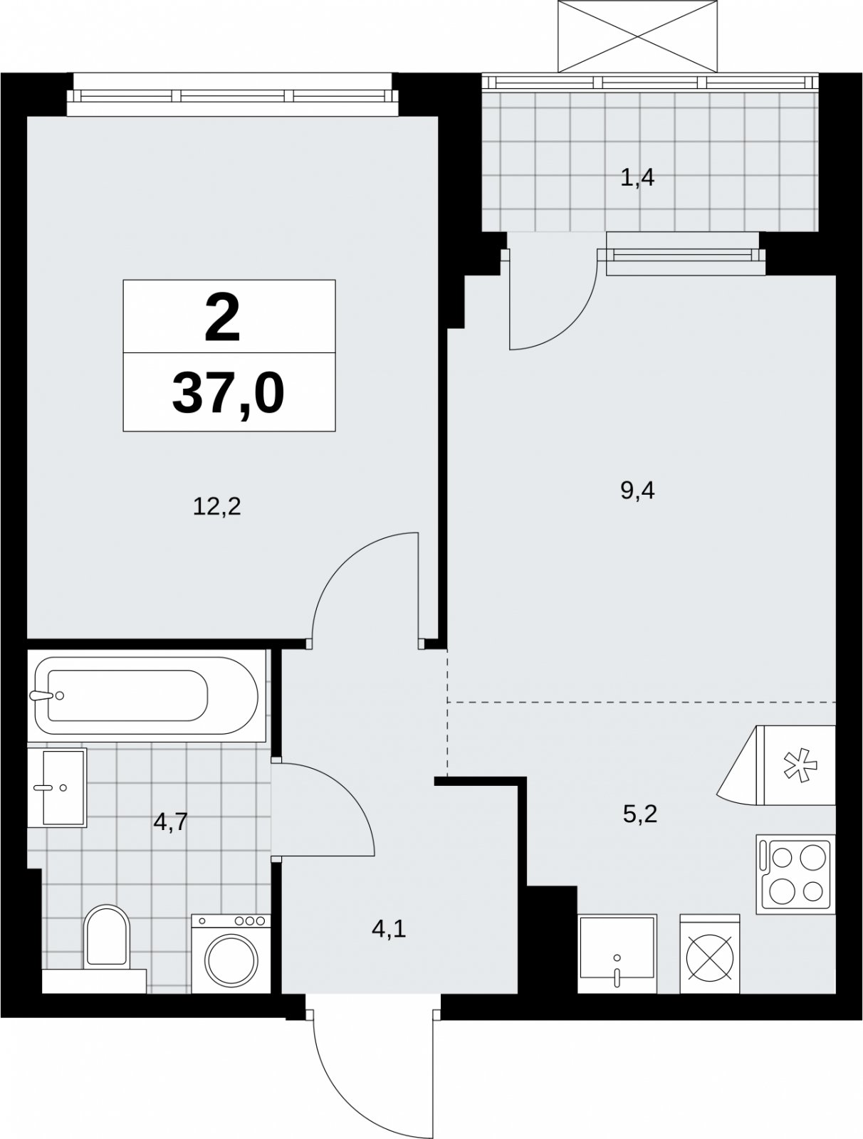 2-комнатная квартира (евро) с полной отделкой, 37 м2, 17 этаж, сдача 2 квартал 2026 г., ЖК Бунинские кварталы, корпус 9.3 - объявление 2324452 - фото №1