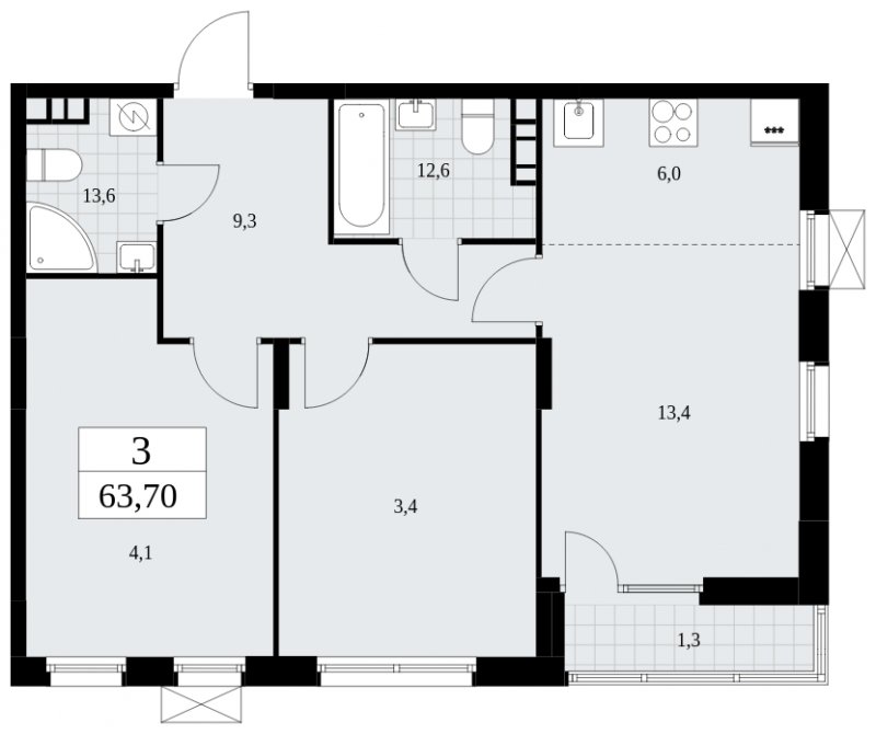 3-комнатная квартира (евро) без отделки, 63.7 м2, 4 этаж, сдача 1 квартал 2025 г., ЖК Дзен-кварталы, корпус 1.4 - объявление 1896077 - фото №1