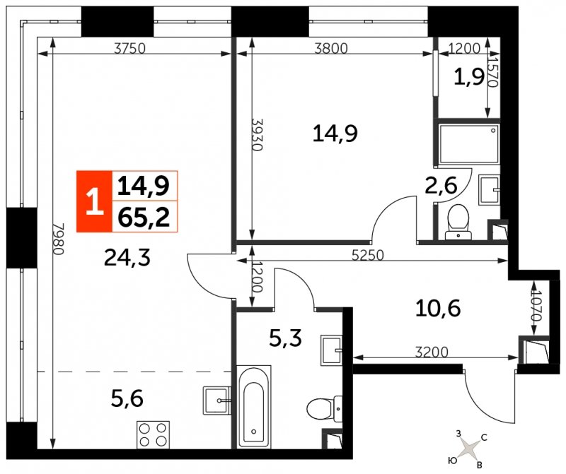 1-комнатная квартира с частичной отделкой, 65.2 м2, 5 этаж, сдача 3 квартал 2024 г., ЖК Sydney City, корпус 2.1 - объявление 1608153 - фото №1