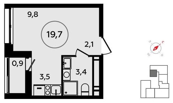 Студия без отделки, 19.7 м2, 16 этаж, сдача 3 квартал 2023 г., ЖК Прокшино, корпус 4.6 - объявление 1498697 - фото №1