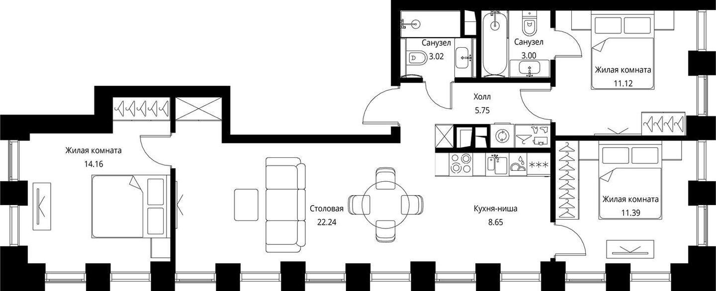 3-комнатная квартира с частичной отделкой, 79.33 м2, 10 этаж, сдача 3 квартал 2026 г., ЖК City Bay, корпус North Ocean 2 - объявление 2240631 - фото №1