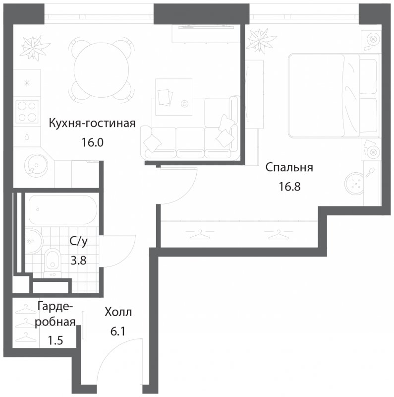 1-комнатная квартира без отделки, 44.2 м2, 19 этаж, сдача 3 квартал 2025 г., ЖК Nagatino i-Land, корпус 2 (3 очередь) - объявление 1786047 - фото №1