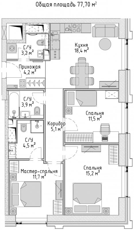 3-комнатная квартира с частичной отделкой, 78.73 м2, 23 этаж, сдача 2 квартал 2024 г., ЖК City Bay, корпус Indian Ocean 6 - объявление 1671554 - фото №1