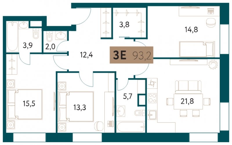 3-комнатная квартира 93.2 м2, 2 этаж, сдача 4 квартал 2022 г., ЖК Настоящее, корпус 3 - объявление 1750279 - фото №1