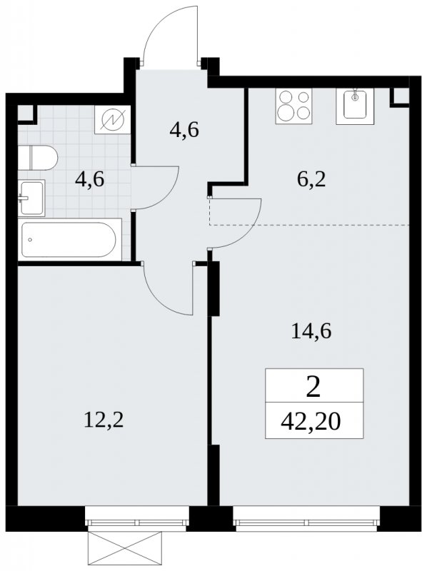 2-комнатная квартира (евро) без отделки, 42.2 м2, 2 этаж, сдача 1 квартал 2025 г., ЖК Прокшино, корпус 5.1.3 - объявление 1810663 - фото №1