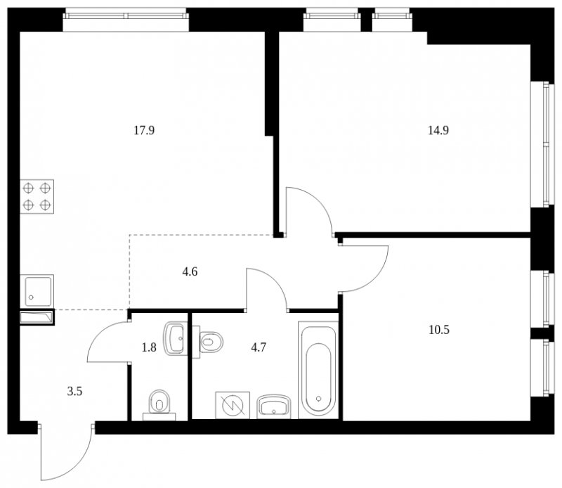 2-комнатная квартира с частичной отделкой, 57.9 м2, 25 этаж, сдача 4 квартал 2023 г., ЖК Кронштадтский 9, корпус 1.4 - объявление 1653653 - фото №1