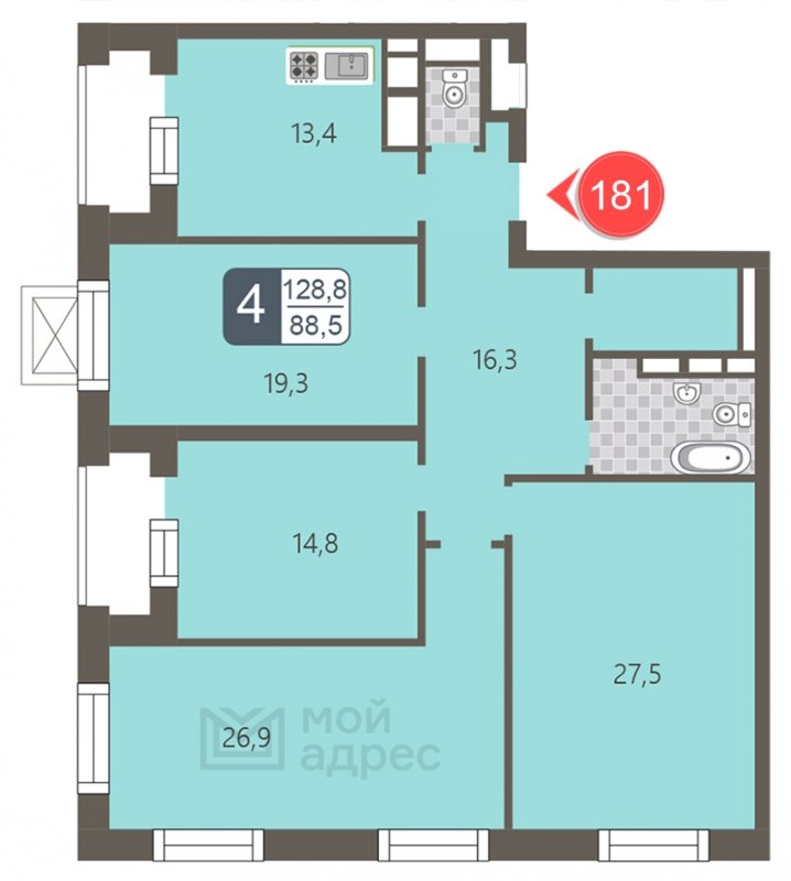 4-комнатная квартира с полной отделкой, 128.8 м2, 24 этаж, дом сдан, ЖК мой адрес На Береговом, корпус Южный квартал - объявление 1866976 - фото №1