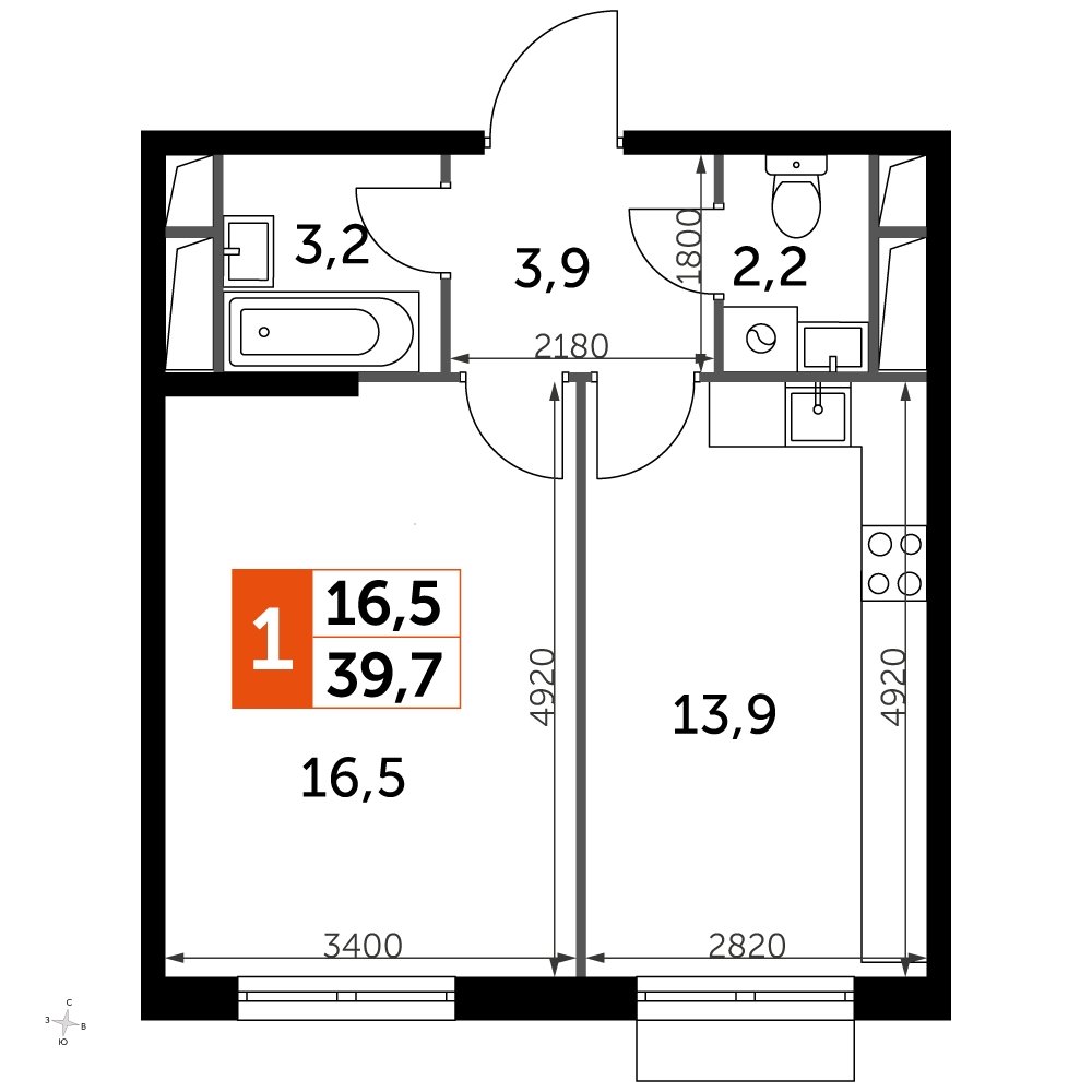 1-комнатная квартира с частичной отделкой, 39.7 м2, 7 этаж, дом сдан, ЖК UP-квартал Римский, корпус 7 - объявление 2208430 - фото №1