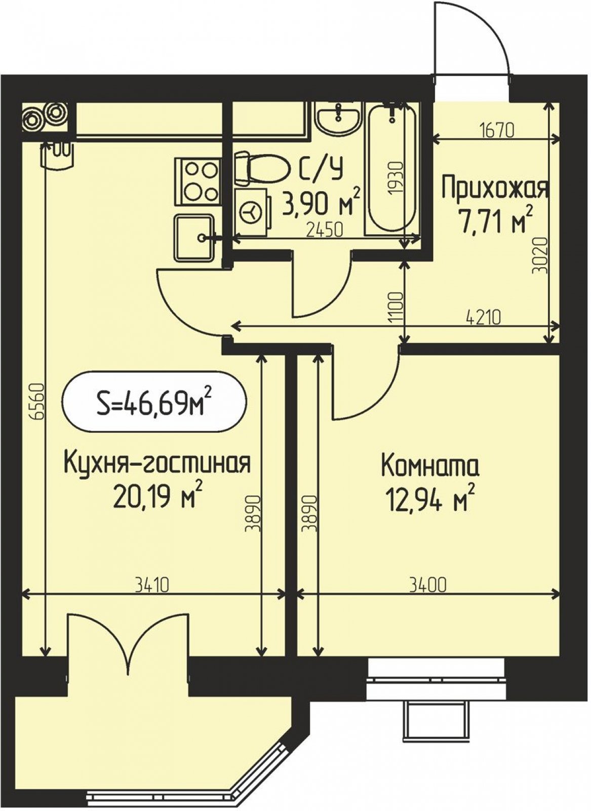 1-комнатная квартира с частичной отделкой, 46.69 м2, 1 этаж, сдача 4 квартал 2027 г., ЖК Мечта, квартал Дружба, корпус 1 - объявление 2408547 - фото №1