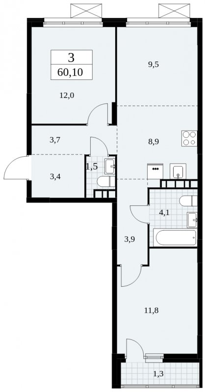 3-комнатная квартира (евро) без отделки, 60.1 м2, 5 этаж, сдача 4 квартал 2024 г., ЖК Скандинавия, корпус 35.2.1 - объявление 1840899 - фото №1