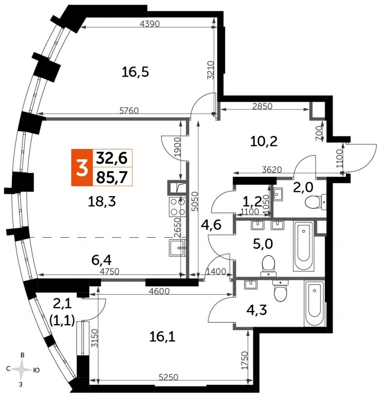 2-комнатная квартира с частичной отделкой, 85.7 м2, 18 этаж, сдача 3 квартал 2024 г., ЖК Sydney City, корпус 2.2 - объявление 1675132 - фото №1