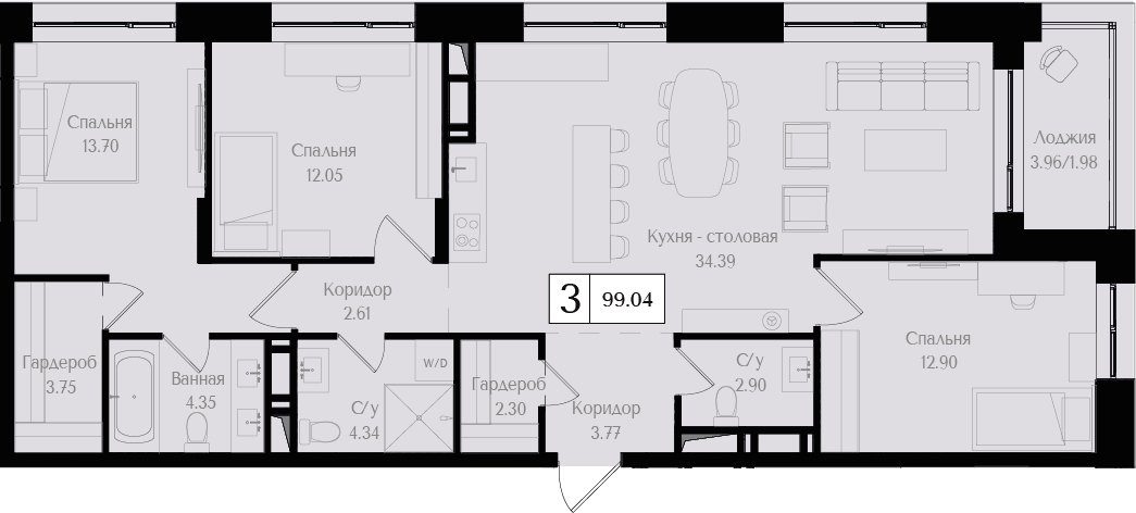 3-комнатная квартира без отделки, 99.04 м2, 3 этаж, сдача 3 квартал 2025 г., ЖК Преображенская площадь, корпус 3 - объявление 2287603 - фото №1