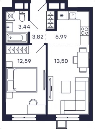 1-комнатная квартира без отделки, 39.34 м2, 14 этаж, сдача 2 квартал 2025 г., ЖК Квартал Тетрис, корпус "Квартал Тетрис 2.2" - объявление 2005431 - фото №1