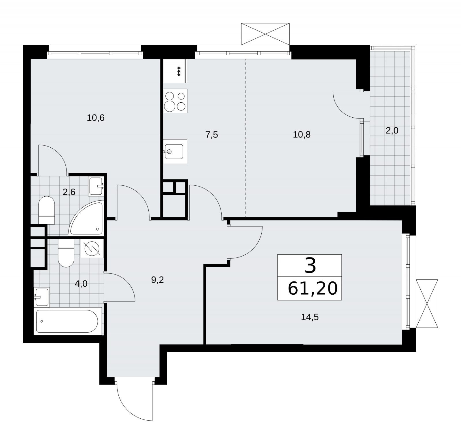 3-комнатная квартира (евро) без отделки, 61.2 м2, 9 этаж, сдача 3 квартал 2025 г., ЖК Бунинские кварталы, корпус 3.2 - объявление 2151874 - фото №1