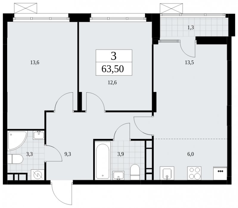 3-комнатная квартира (евро) с частичной отделкой, 63.5 м2, 9 этаж, сдача 3 квартал 2025 г., ЖК Дзен-кварталы, корпус 2.2 - объявление 1932445 - фото №1