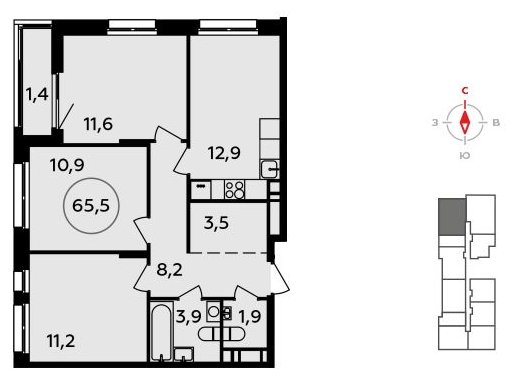 3-комнатная квартира с полной отделкой, 65.5 м2, 13 этаж, сдача 4 квартал 2023 г., ЖК Прокшино, корпус 4.2 - объявление 1498032 - фото №1