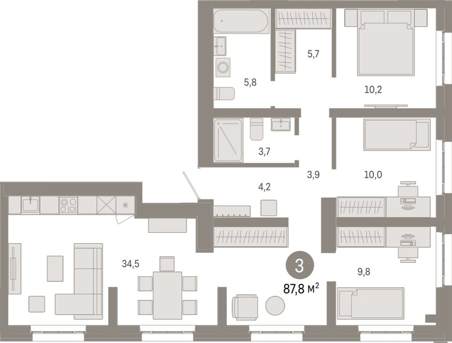 3-комнатная квартира с частичной отделкой, 87.8 м2, 15 этаж, сдача 3 квартал 2026 г., ЖК Квартал Метроном, корпус 1 - объявление 2300581 - фото №1