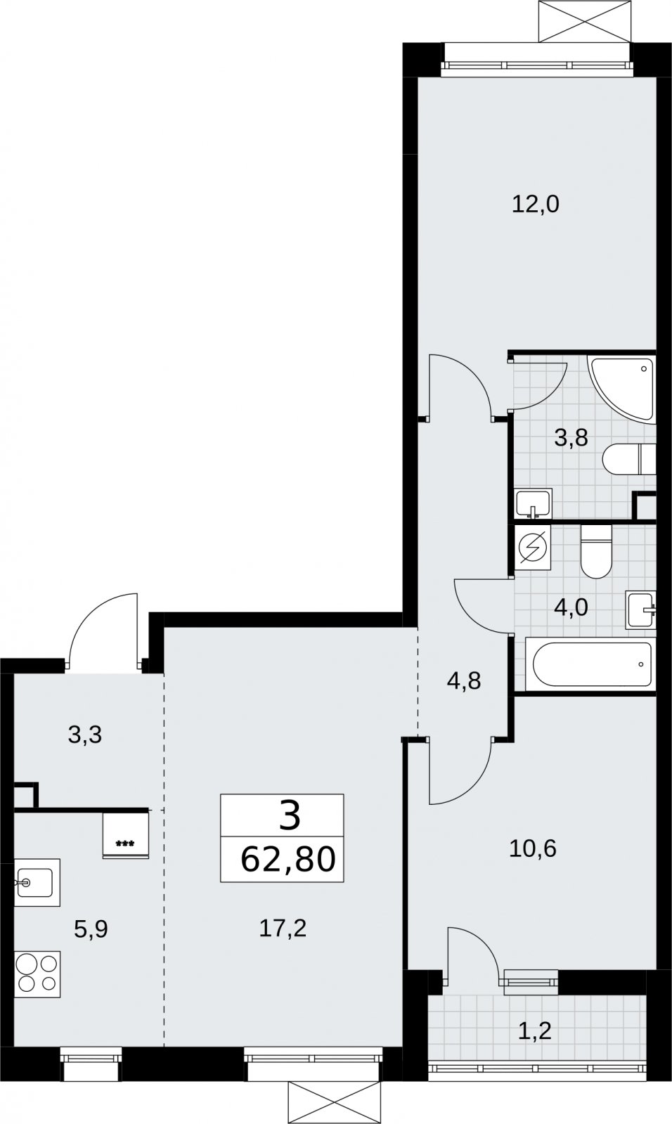 3-комнатная квартира (евро) без отделки, 62.8 м2, 2 этаж, сдача 3 квартал 2026 г., ЖК Родные кварталы, корпус 2 - объявление 2295605 - фото №1