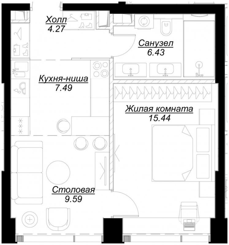 1-комнатная квартира с частичной отделкой, 43.53 м2, 9 этаж, сдача 4 квартал 2024 г., ЖК MOD, корпус Mod.M - объявление 1788293 - фото №1