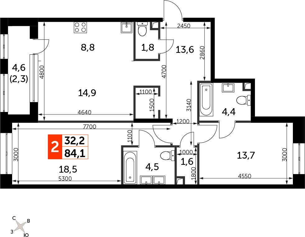 2-комнатная квартира с частичной отделкой, 84.1 м2, 18 этаж, сдача 3 квартал 2024 г., ЖК Sydney City, корпус 2.1 - объявление 2353856 - фото №1