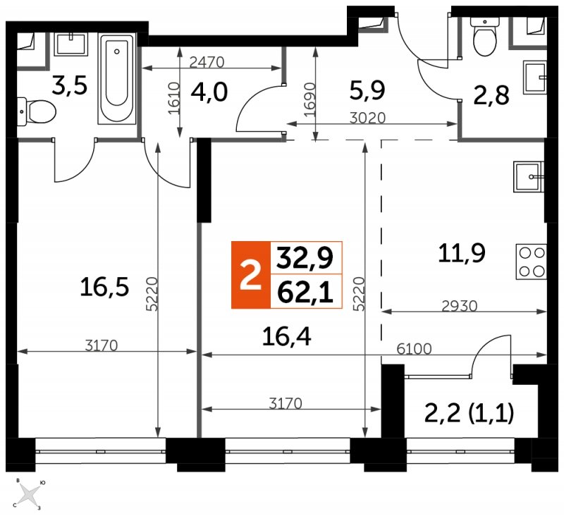 2-комнатная квартира с частичной отделкой, 62.1 м2, 22 этаж, сдача 1 квартал 2023 г., ЖК Sydney City, корпус 3 - объявление 1694267 - фото №1