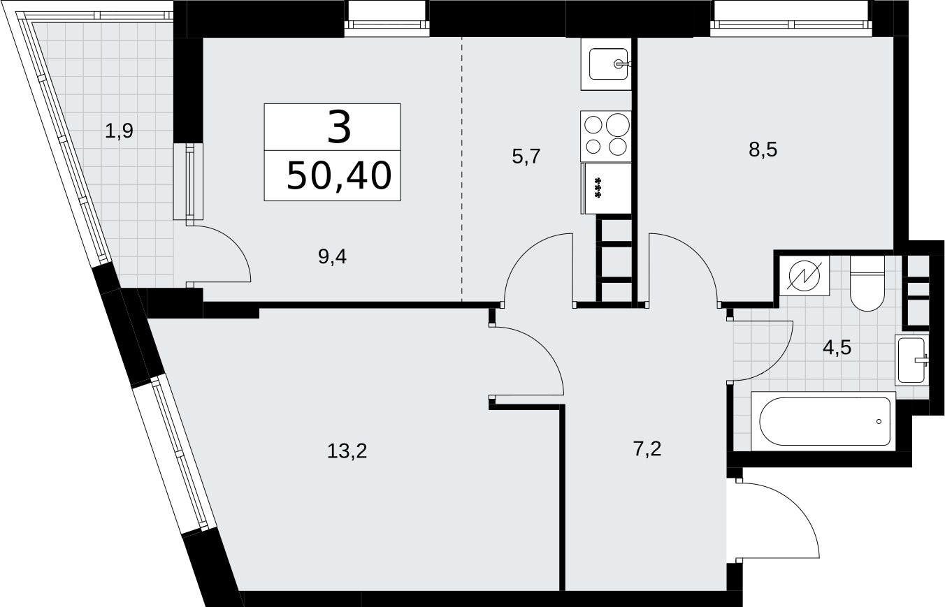 3-комнатная квартира (евро) с полной отделкой, 50.4 м2, 9 этаж, сдача 4 квартал 2026 г., ЖК Родные кварталы, корпус 3.3 - объявление 2378640 - фото №1