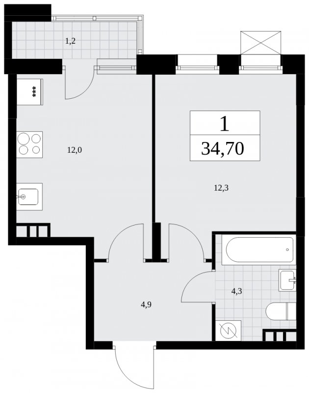1-комнатная квартира без отделки, 34.7 м2, 6 этаж, сдача 4 квартал 2024 г., ЖК Бунинские кварталы, корпус 1.3 - объявление 1834765 - фото №1