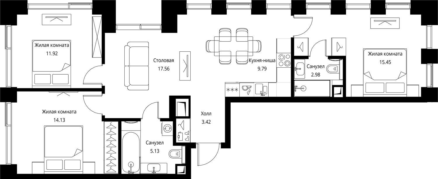 3-комнатная квартира с частичной отделкой, 80.38 м2, 12 этаж, сдача 3 квартал 2026 г., ЖК City Bay, корпус North Ocean 7 - объявление 2332401 - фото №1