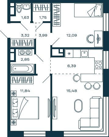 2-комнатная квартира без отделки, 59.34 м2, 19 этаж, сдача 2 квартал 2025 г., ЖК М_5, корпус 1 - объявление 2055821 - фото №1