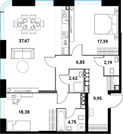 3-комнатная квартира без отделки, 99.8 м2, 24 этаж, сдача 1 квартал 2024 г., ЖК Инноватор, корпус Б - объявление 2260493 - фото №1
