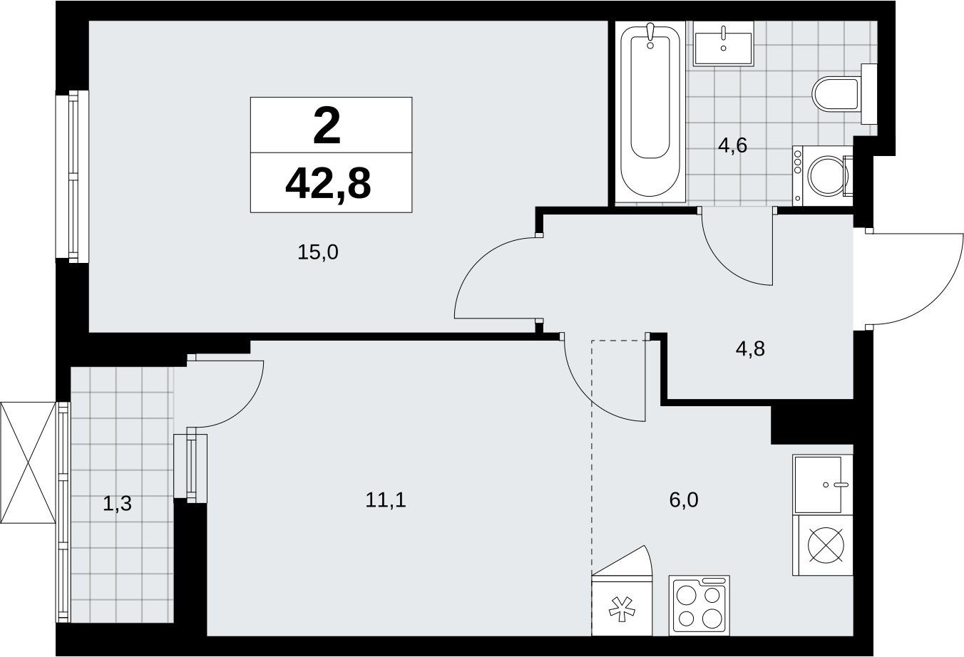 2-комнатная квартира (евро) с полной отделкой, 42.8 м2, 6 этаж, сдача 3 квартал 2026 г., ЖК Дзен-кварталы, корпус 6.1.4 - объявление 2328184 - фото №1