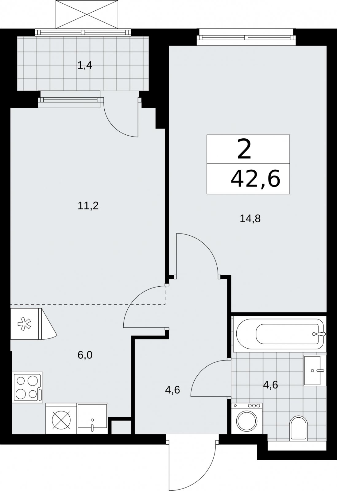 2-комнатная квартира (евро) с полной отделкой, 42.6 м2, 2 этаж, сдача 2 квартал 2026 г., ЖК Бунинские кварталы, корпус 7.2 - объявление 2319614 - фото №1