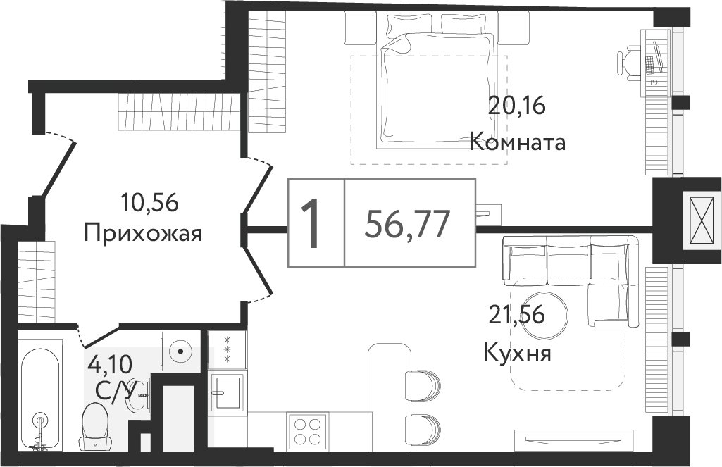 1-комнатная квартира без отделки, 57.5 м2, 2 этаж, сдача 4 квартал 2023 г., ЖК Dream Towers, корпус 1 - объявление 2281320 - фото №1