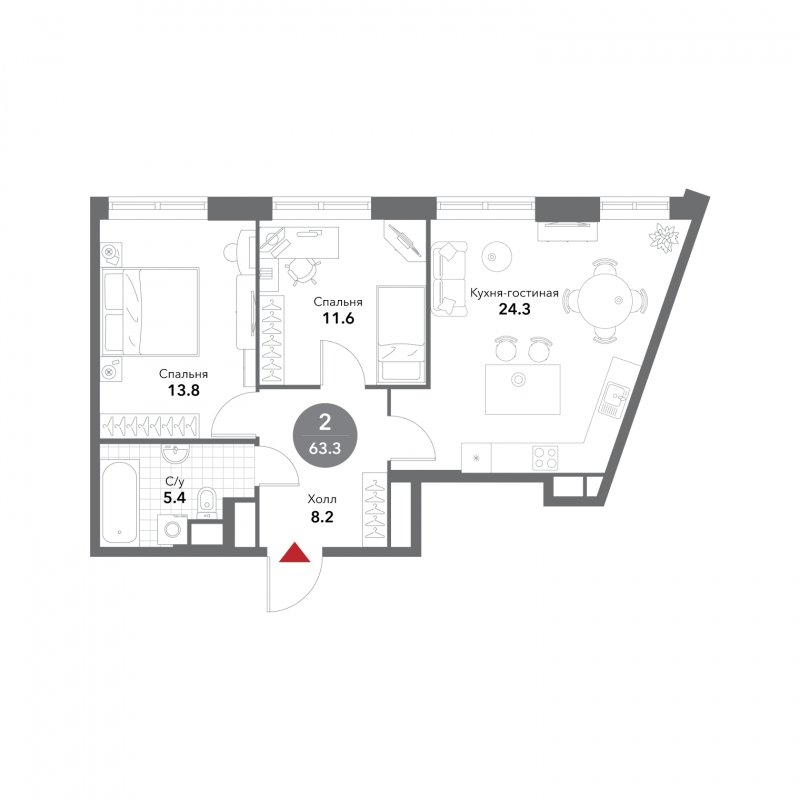 2-комнатная квартира без отделки, 63.3 м2, 7 этаж, сдача 3 квартал 2025 г., ЖК VOXHALL, корпус 2 - объявление 1804632 - фото №1