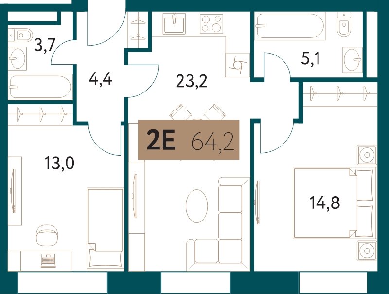 2-комнатная квартира 64.1 м2, 17 этаж, дом сдан, ЖК Настоящее, корпус 3 - объявление 1984369 - фото №1