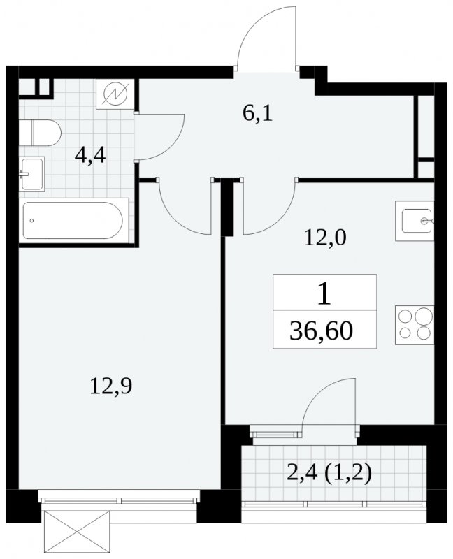 1-комнатная квартира без отделки, 36.6 м2, 3 этаж, сдача 4 квартал 2024 г., ЖК Скандинавия, корпус 2.27.3 - объявление 1840626 - фото №1