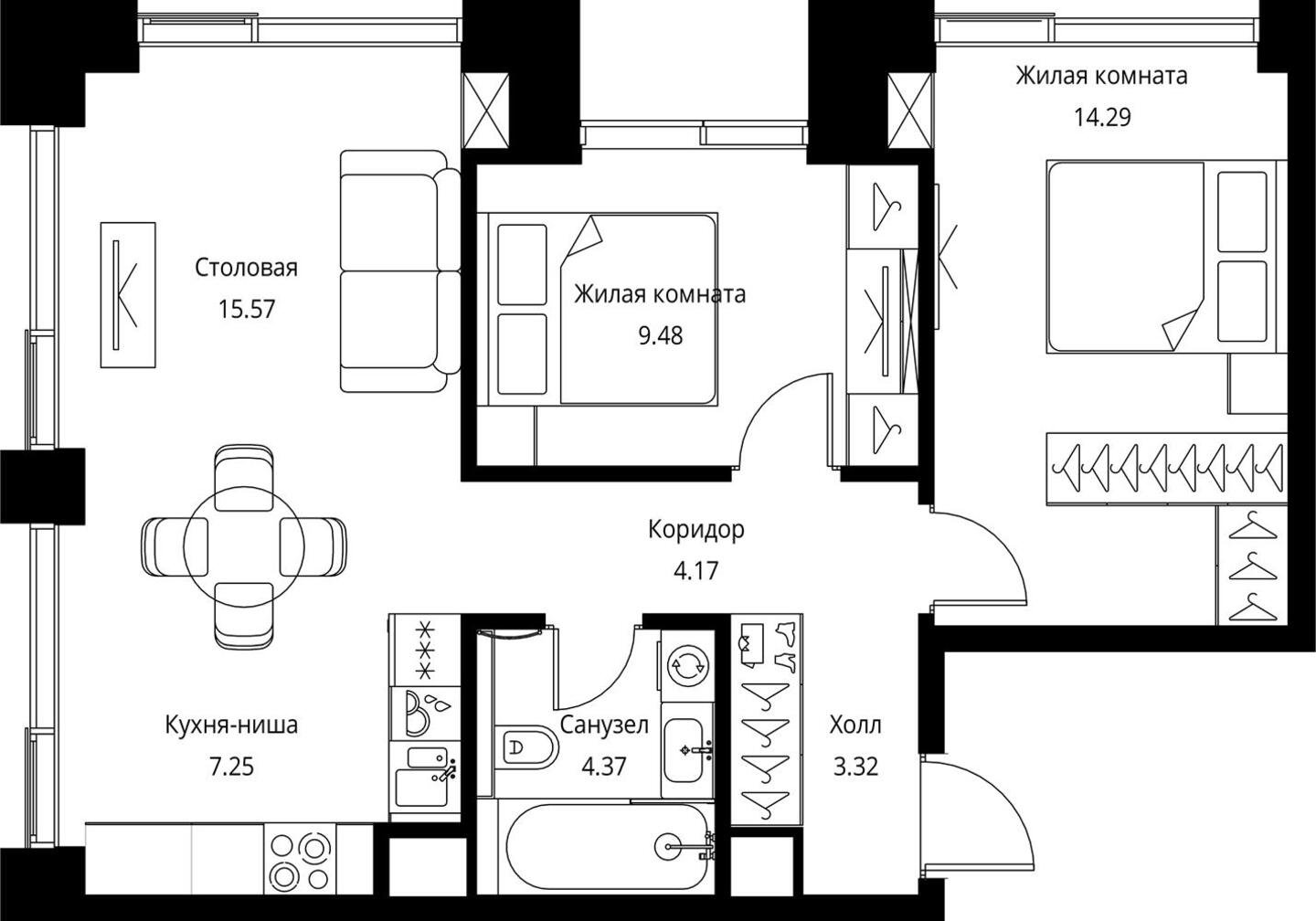 2-комнатная квартира с частичной отделкой, 58.45 м2, 13 этаж, сдача 3 квартал 2026 г., ЖК City Bay, корпус North Ocean 11 - объявление 2240482 - фото №1