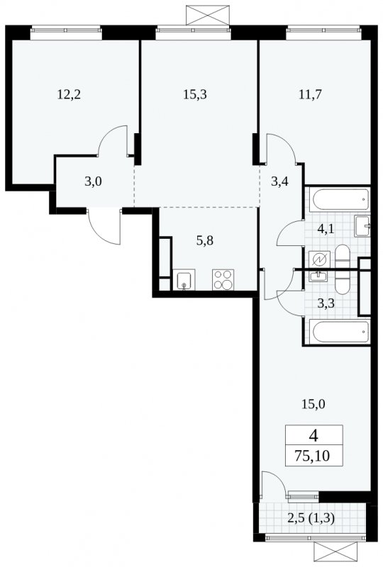 4-комнатная квартира (евро) без отделки, 75.1 м2, 11 этаж, сдача 1 квартал 2025 г., ЖК Прокшино, корпус 5.1.4 - объявление 1811120 - фото №1