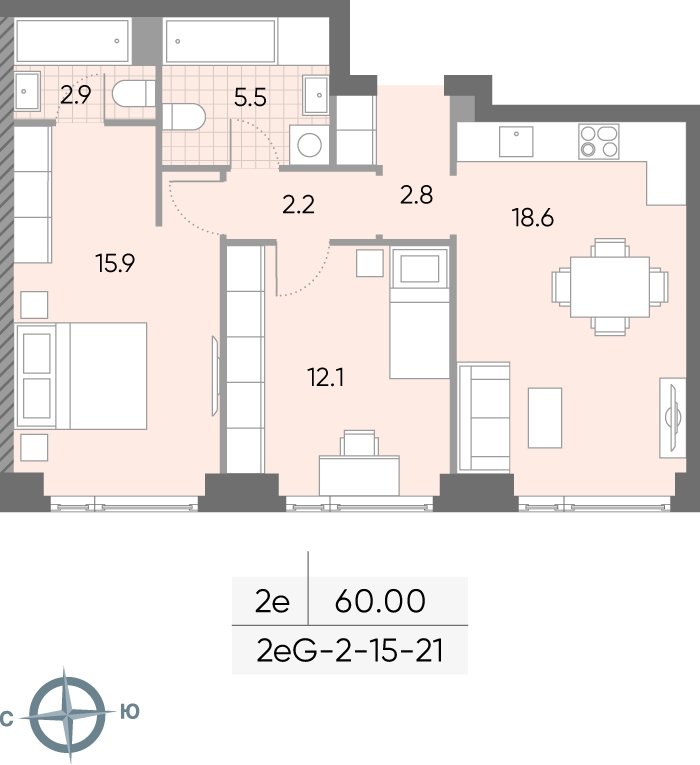 2-комнатная квартира 60 м2, 16 этаж, сдача 2 квартал 2026 г., ЖК WAVE, корпус 1 - объявление 2268308 - фото №1