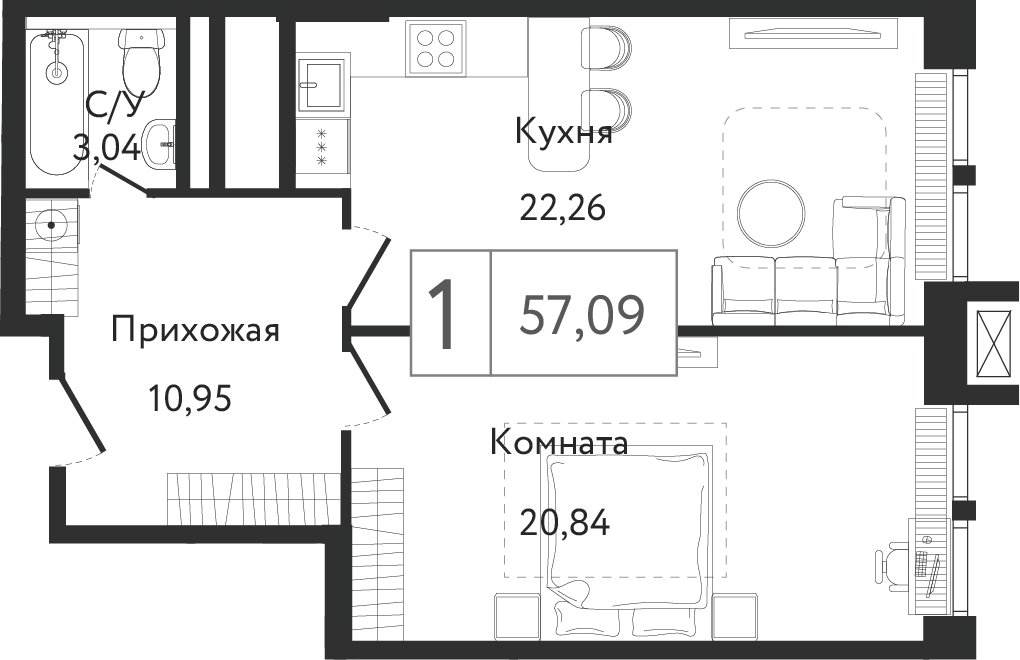 1-комнатная квартира без отделки, 57.09 м2, 3 этаж, сдача 3 квартал 2023 г., ЖК Dream Towers, корпус 2 - объявление 2261203 - фото №1