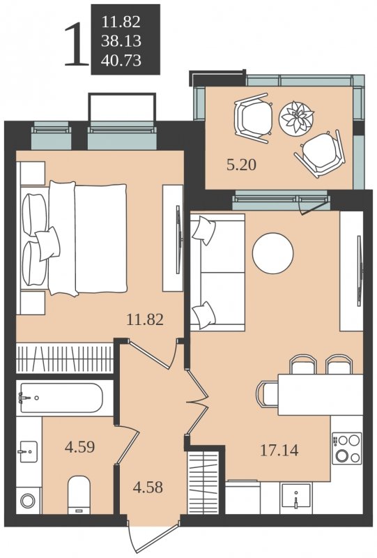 1-комнатная квартира без отделки, 40.73 м2, 2 этаж, сдача 1 квартал 2024 г., ЖК Мишино-2, корпус 8 - объявление 1748197 - фото №1