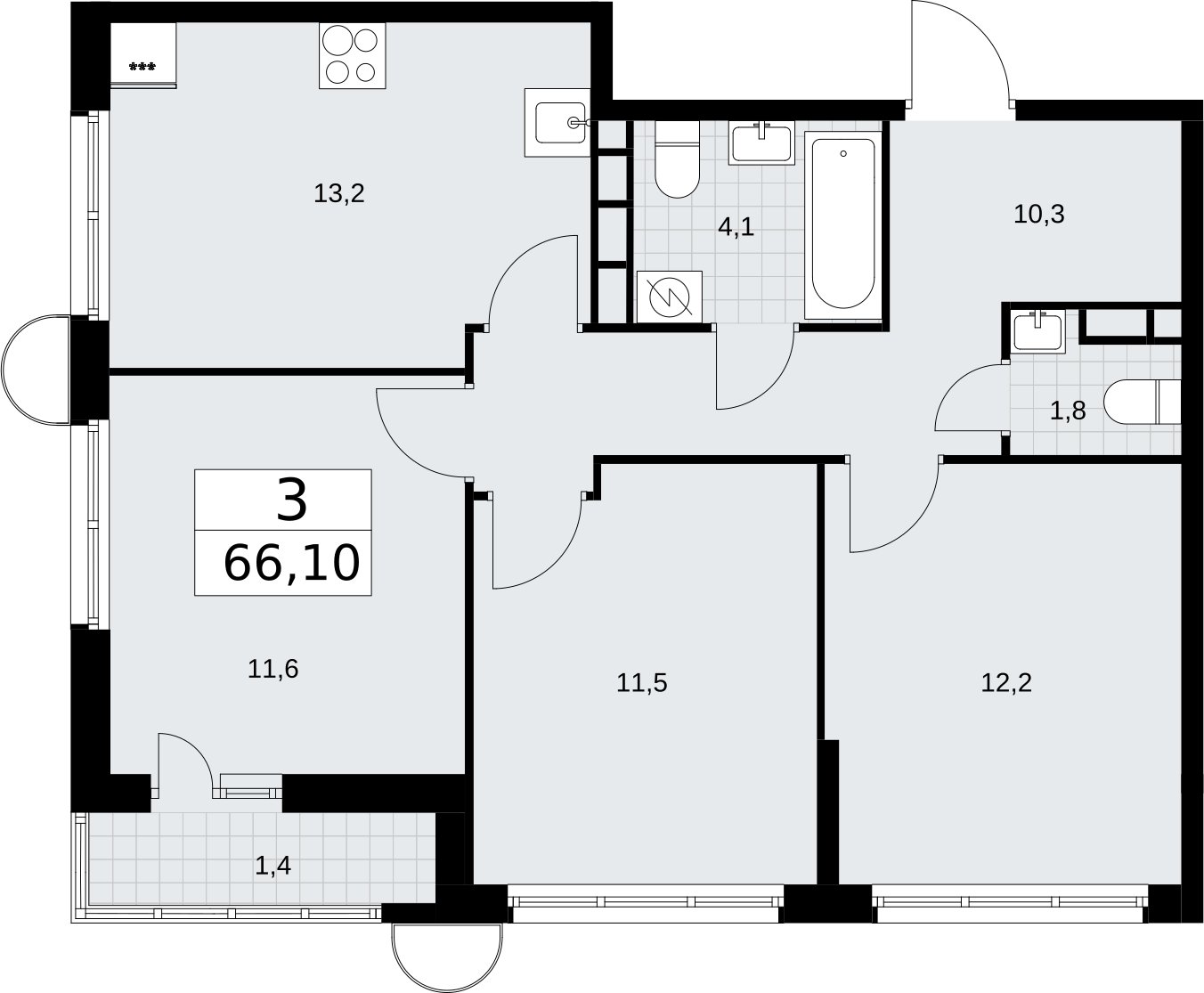 3-комнатная квартира с полной отделкой, 66.1 м2, 9 этаж, сдача 4 квартал 2026 г., ЖК Родные кварталы, корпус 3.2 - объявление 2378443 - фото №1